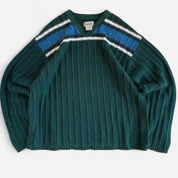 Aeropostale Other - Vintage Aeropostale Green Cotton Chunky Ribbed Knit Blue & White V- Neck Sweater